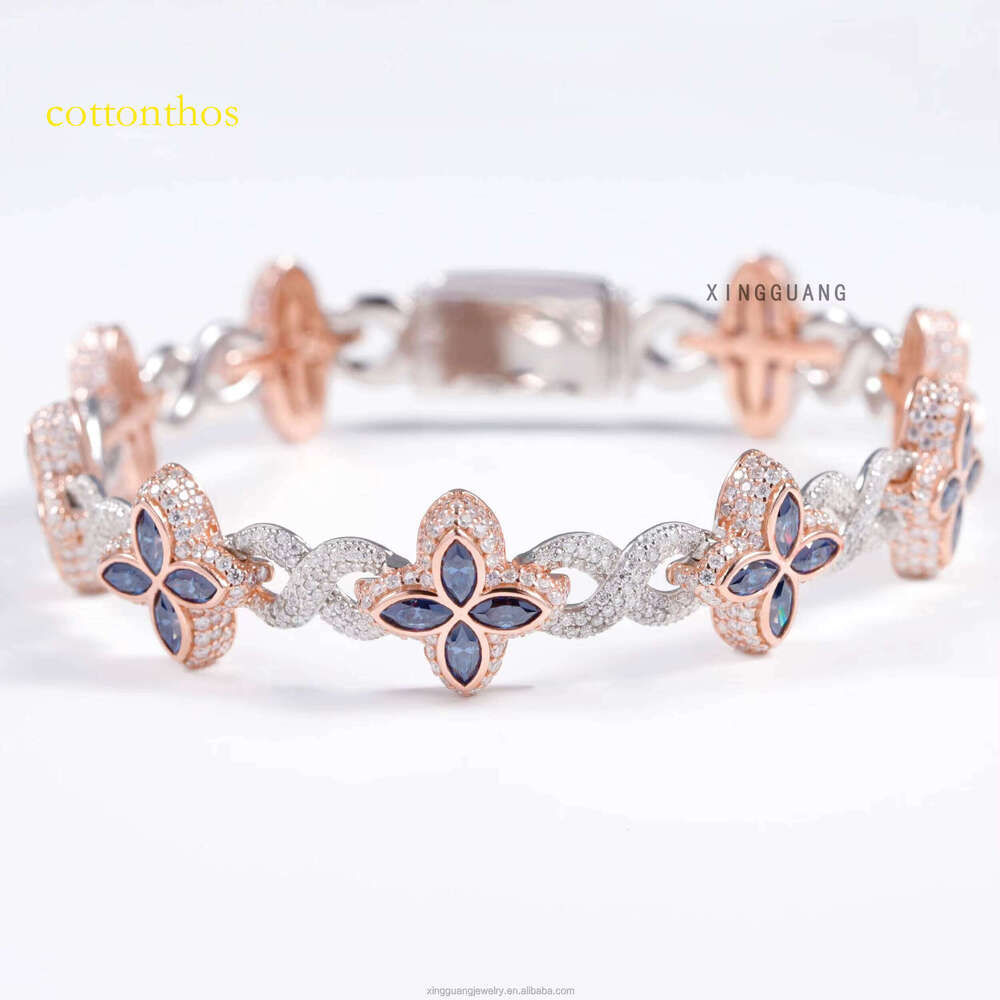 New Fashion Four Leaf Sterling Sier Colored Marquise Moissanite Infinity Link Clover Cuban Bracelet