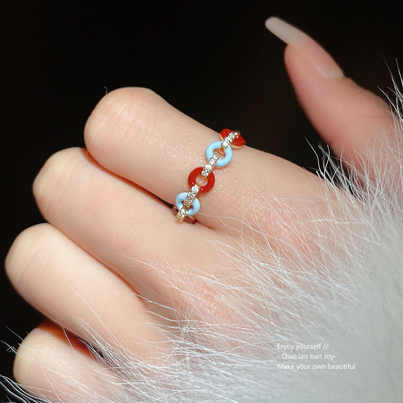 Gold Tone Linked Ring With Red Enamel & Pave Crystal Accents Minimalist Chic Daily Jewelry And Gift For Her High Quality Stylish Design