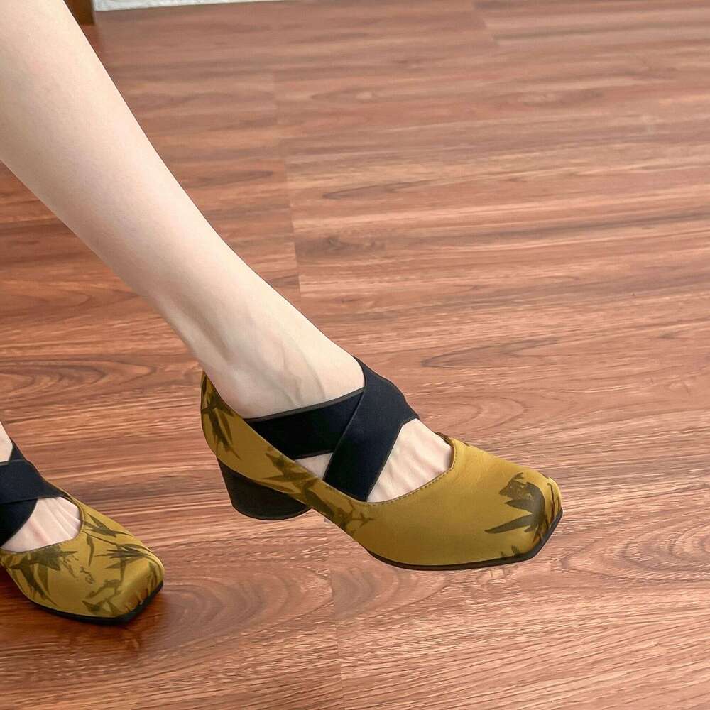 Autumn New High Heel Single Women 2025 Elegant Square Toe Women's for Outdoor Wear with High-end Feel Cross Strap National Style Ballet Shoes