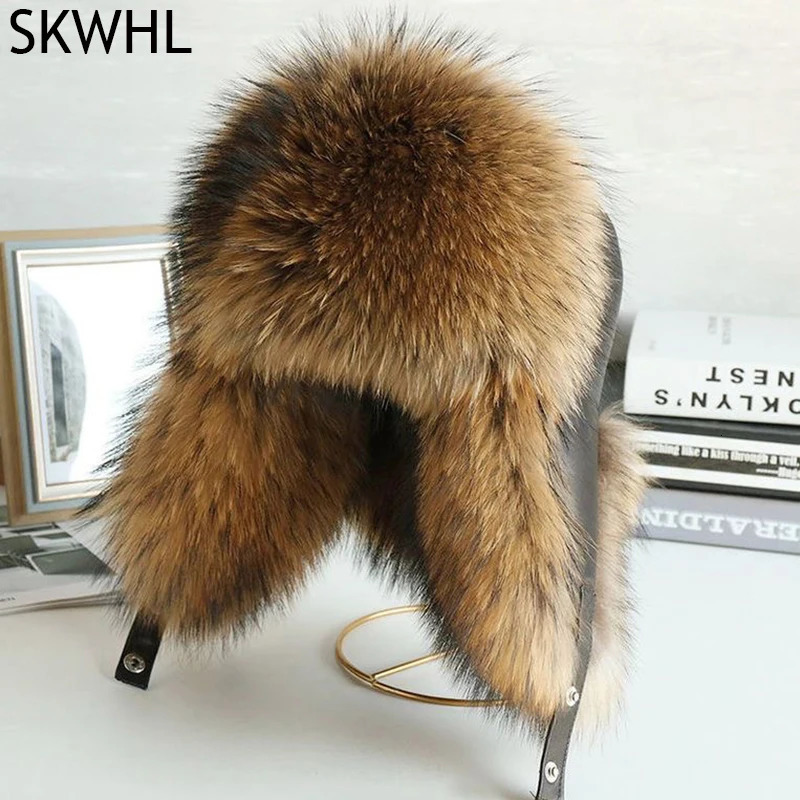 Natural Raccoon Fur Hat Women Black Fox Fur Russian Ushanka Hats Winter Warm Ears Bomber Cap 250724