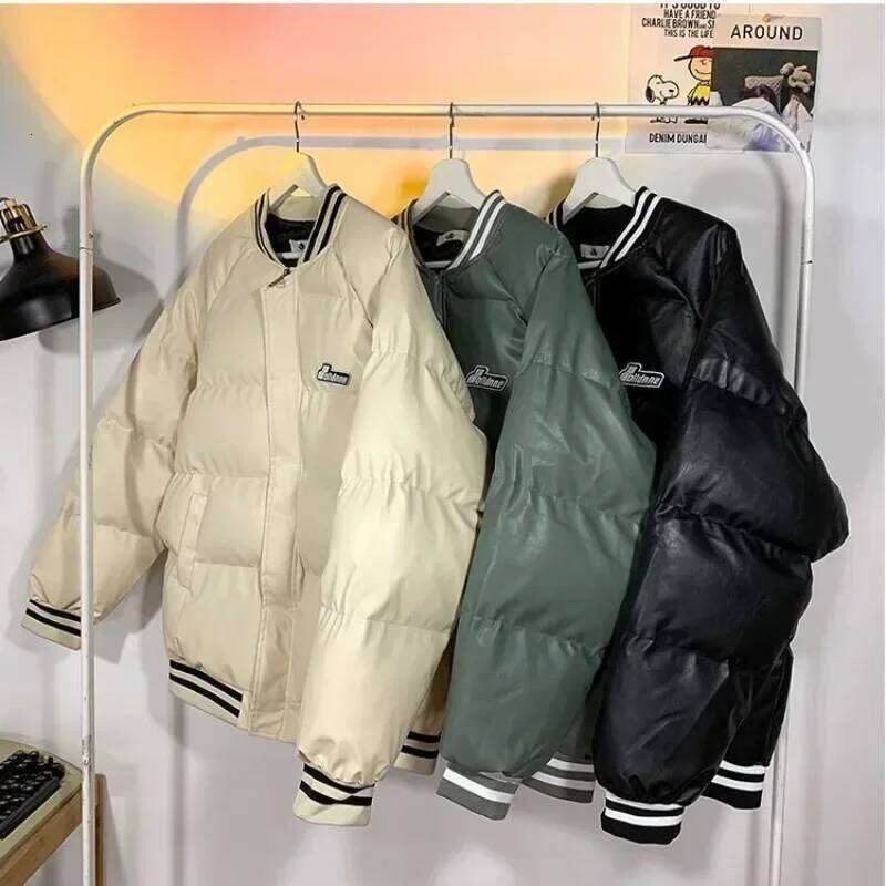 Gmiixder American Baseball Uniform PU Bomber Jacket Hip Hop Thickened Stand Collar Parkas Loose Versatile Couple Winter Coat