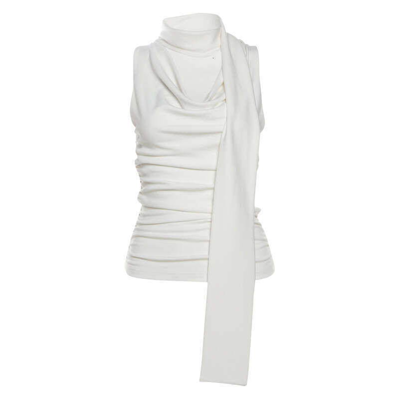 2024 Spring Summer New Fashion Solid Color Sexy V-Neck Slim Neck Scarf Sleeveless T-Shirt for Women ba6