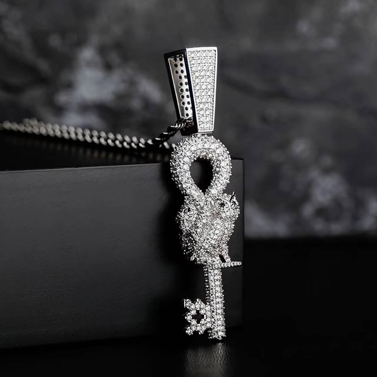 Luxury 925 Sterling Silver Moissanite Owl Skeleton Key Pendant Necklace New Hip Hop Style for Men and Women