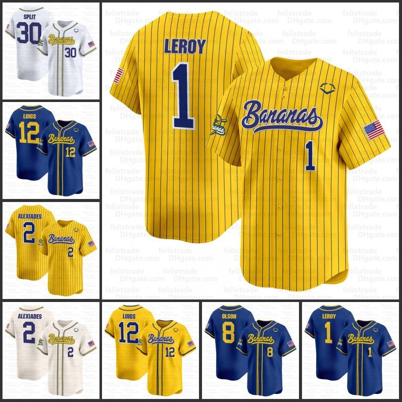 Custom 2024 Savannah Bananas Baseball Jersey Bill LeRoy 2 Reese Alexiades 14 Dakota Albritton Danny Hosley Baseball Jersey