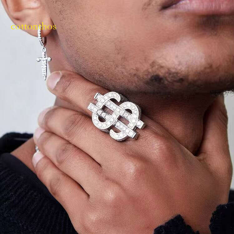 Fashion US Dollar Sign Rappers Hip Hop Style Cuban Link Ring Gold Plated Sterling Sier Moissanite Rings for Men