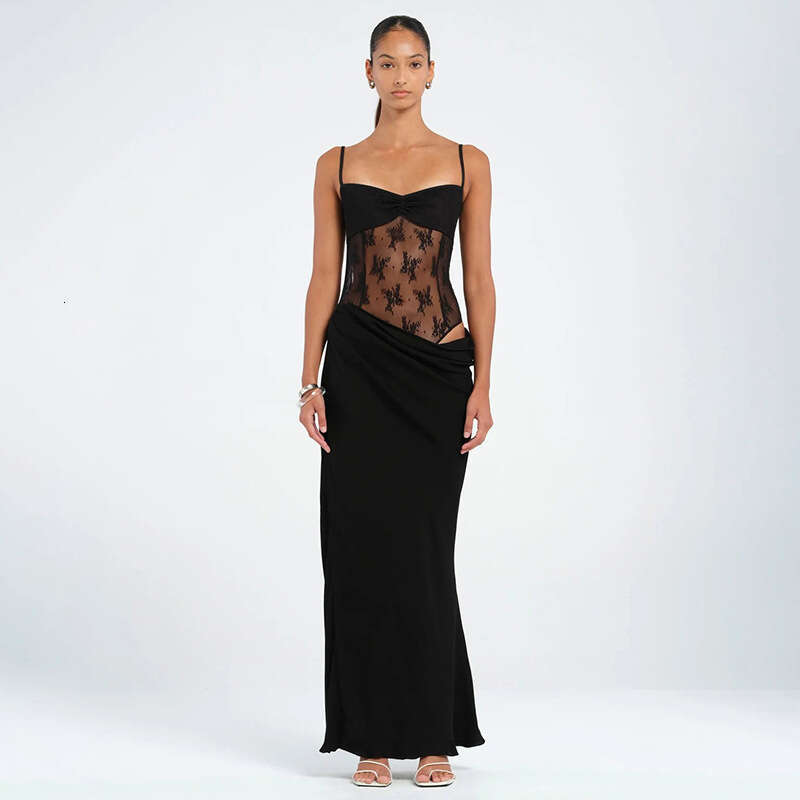 G25ds046 Women's Spring Summer New Solid Color Strap Lace Tight-Fitting Patchwork Dress B5