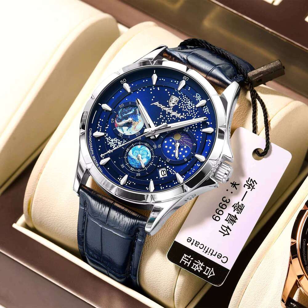 DHwatches POEDAGAR Leather Strap Business Style Starry Sky Chronograph Quartz Watch Men Waterproof Luminous Date Men's Wristwatches