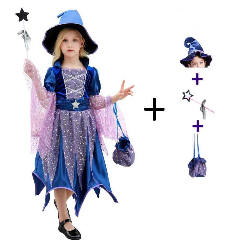 Kids Witch Clothing Set Dress+Hat+Wand+Bag Girls Halloween Wizard Costume 2025 Kid Make Up Par Hag Witch Apparel Vestidos Z250725