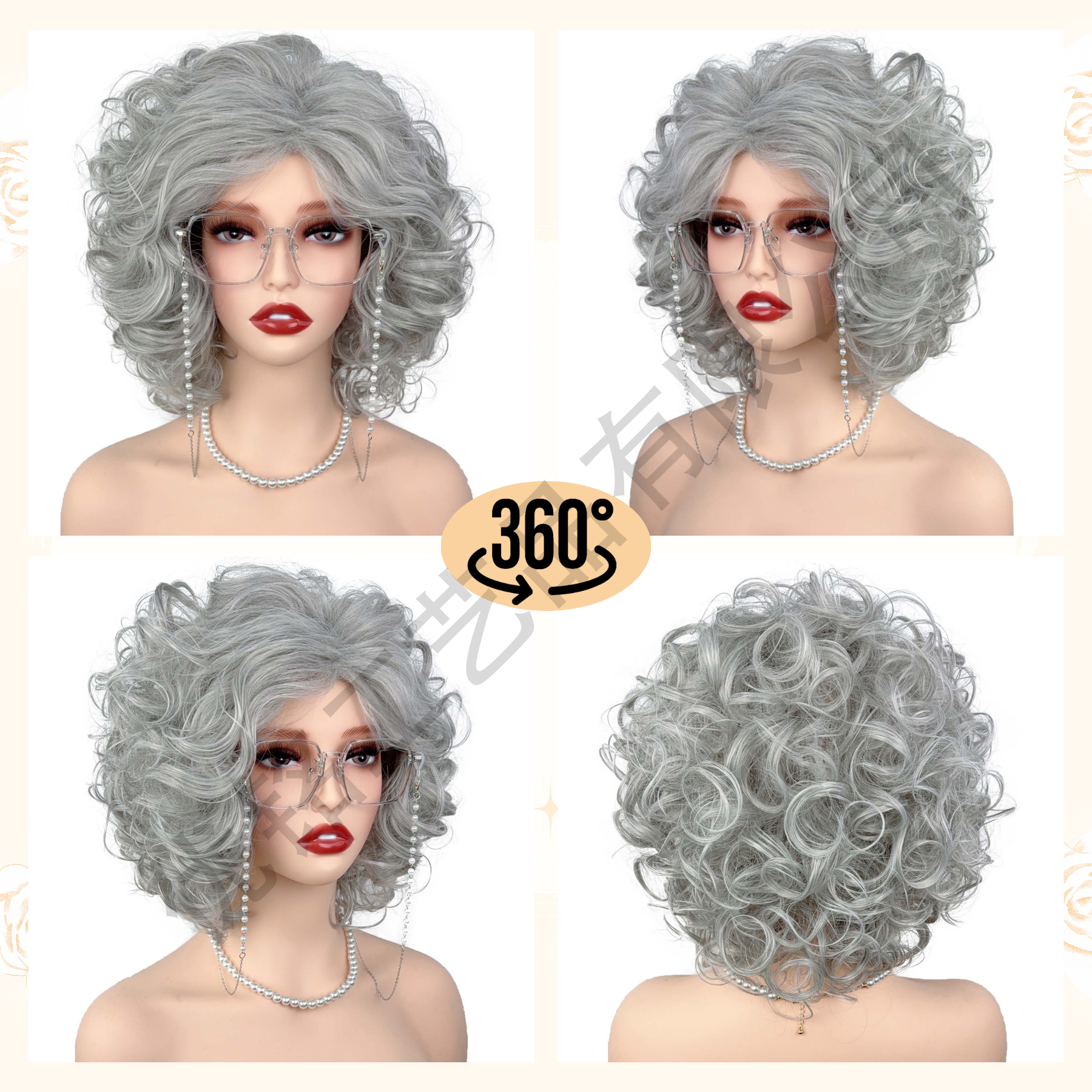 European and American women's medium-length short curly light gray breathable wig, gray-white synthetic silk wig headband