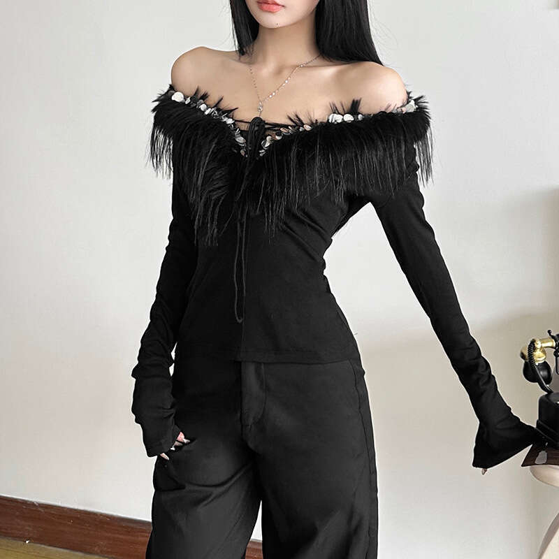 2024 Autumn Winter New Women's Solid Color Slim Fit Street Fashion V-Neck Long Sleeve Top 6b6