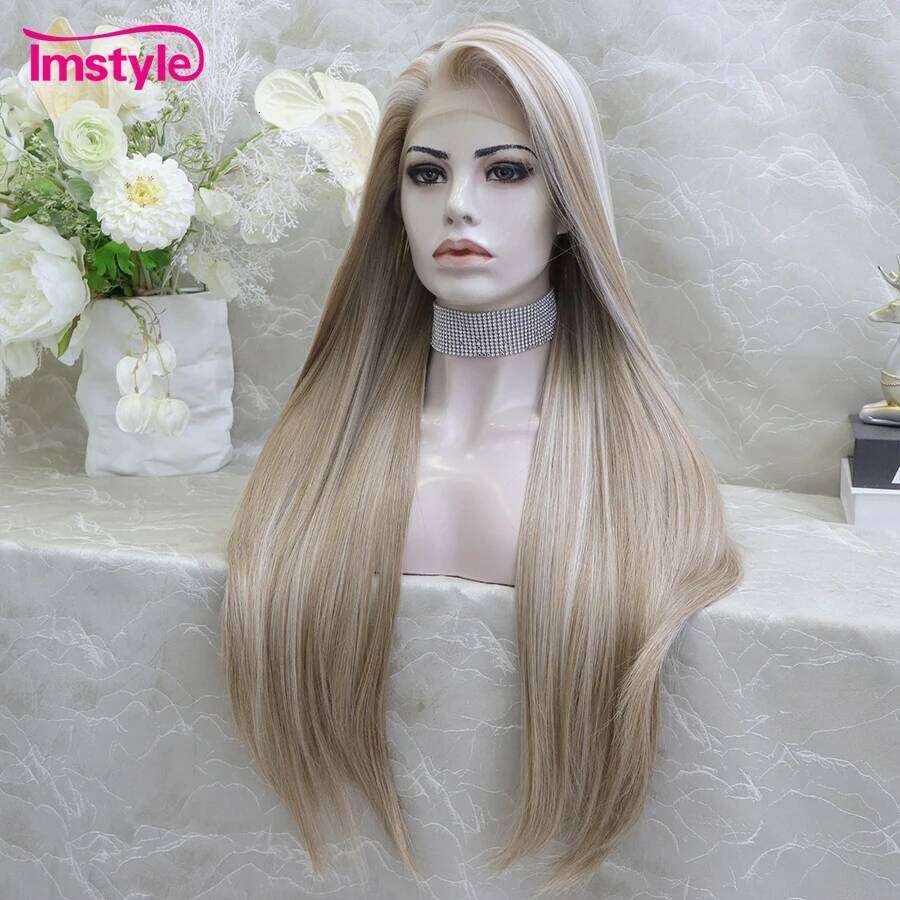 Imstyle Synthetic Lace Front Brown Wig Highlight Platinum Straight Hair Long For Women Heat Resistant Daily Wigs