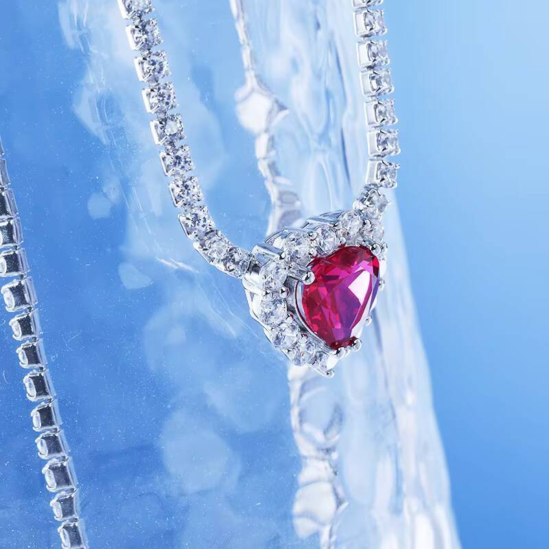 Luxury 925 Sterling Silver Ice Out Diamond Tennis Chain Shinny Zircon Big Ruby Emerald Heart Charm Wedding Necklace
