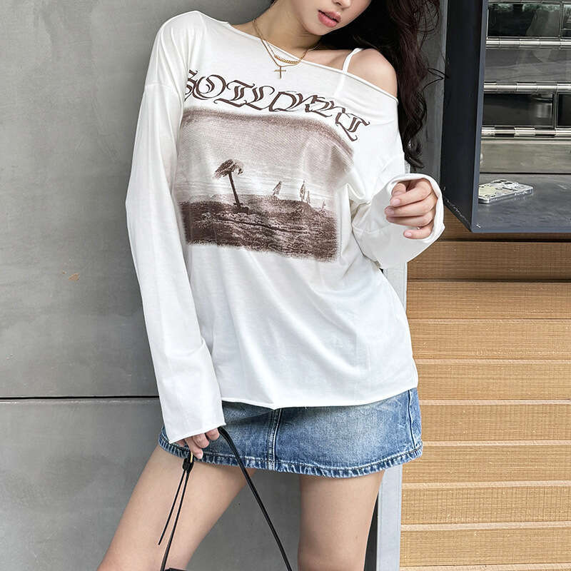 2024 Summer New Women's Solid Color Loose Street Fashion Asymmetrical Neck Long Sleeve Mid-Length Top ca8