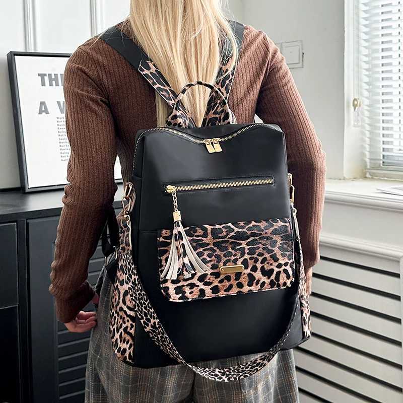 Leopard Print Backpack Fi Crossbody Bag Large Capacity Quilted Multiple Pockets Adjustable Strap Zipper for Back To School Y250724