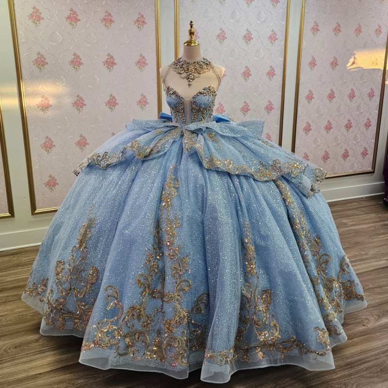 Sky Blue Shiny Quinceanera Dresses Ball Gown Off The Shoulder Applique Lace Beads Party Birthday Sweet 16 Dress Vestidos 15 Anos