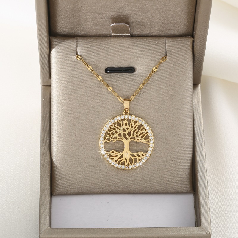 Trendy Round Hollow Tree of Life Pendant for Women Zircon Necklace Geometric Collarbone Chain Jewelry for Women