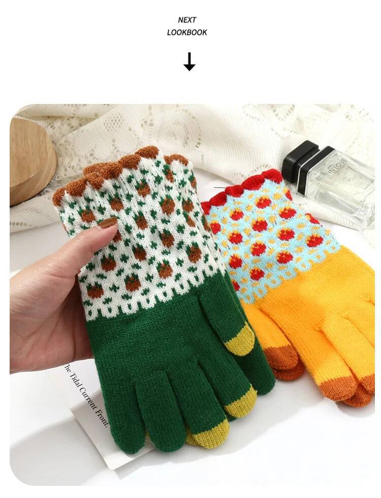 Winter Warm Cute Floral Wave Pattern Veet Riding Windproof Knitted Touch Screen Gloves ddmythur