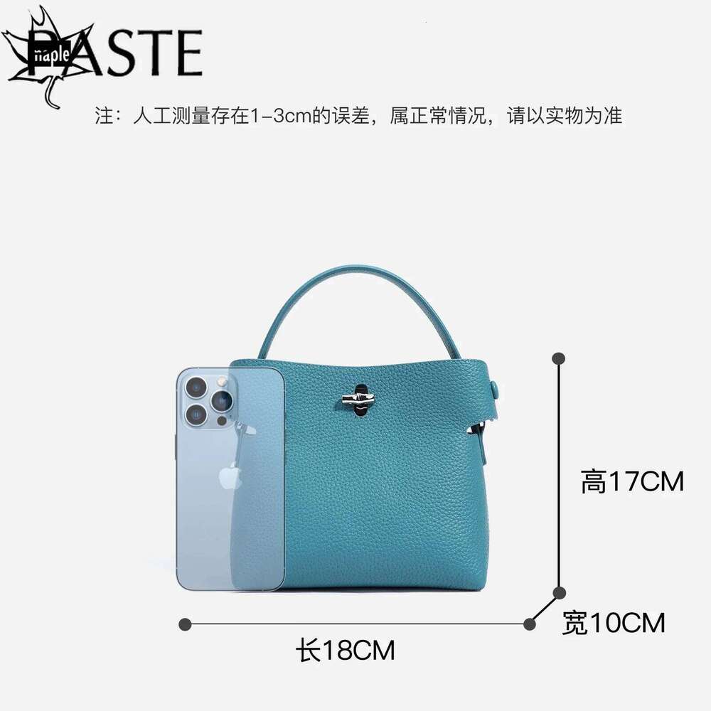 New Summer Blue Color High-end Small Bucket Tote Buckle Close Design Genuine Cow Leather Women Shoulder Bag Handbag