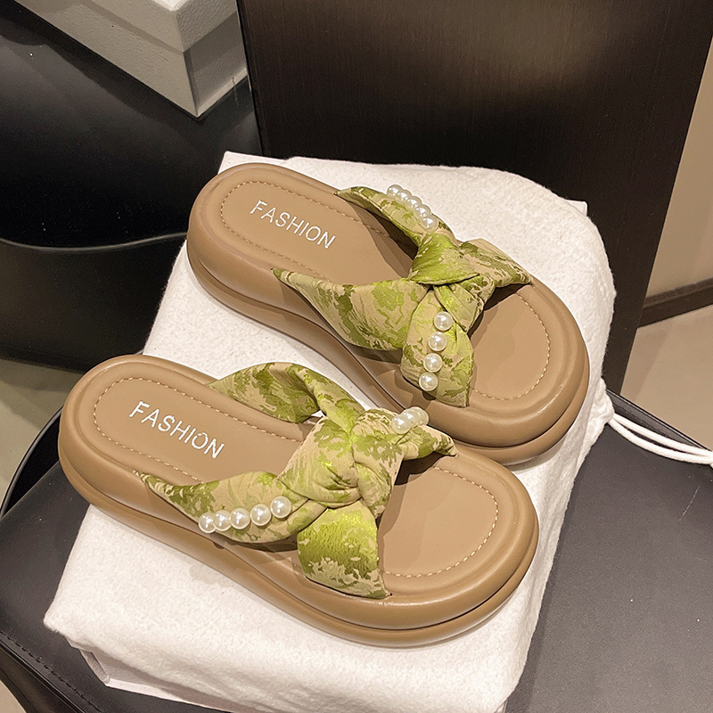 Ddmysports Cross Pearl Thick Sole Slippers For Women With Skirts Summer Outdoor Wear New Fashion Fairy Style Gentle Sandals Outdoor Shoes
