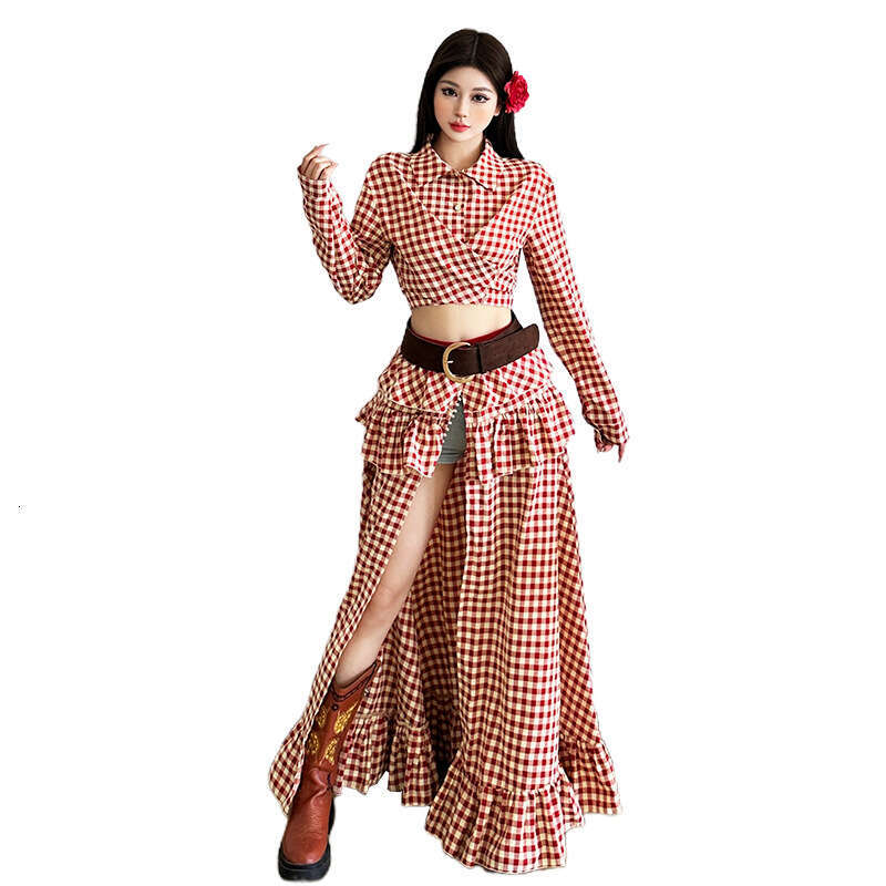 2025 Summer New Sleeve Waist-Exposing Fashion Trendy Top Irregular High-Slit Plaid Long Skirt abd
