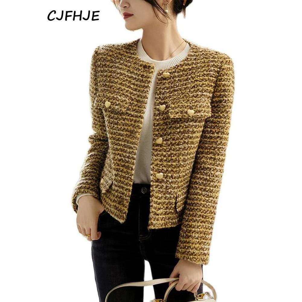 Designer Clothing 2025 CJFHJE Women's Gold Short Woolen Autumn Winter New Korean Fashion Tweed Coat Elegant Retro Female OL Outwear Wool Jacket