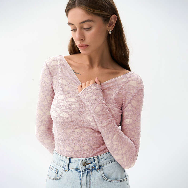 Dtp602 Women's Autumn New Solid Color Round Neck Simple Sexy Lace Long Sleeve Top B5