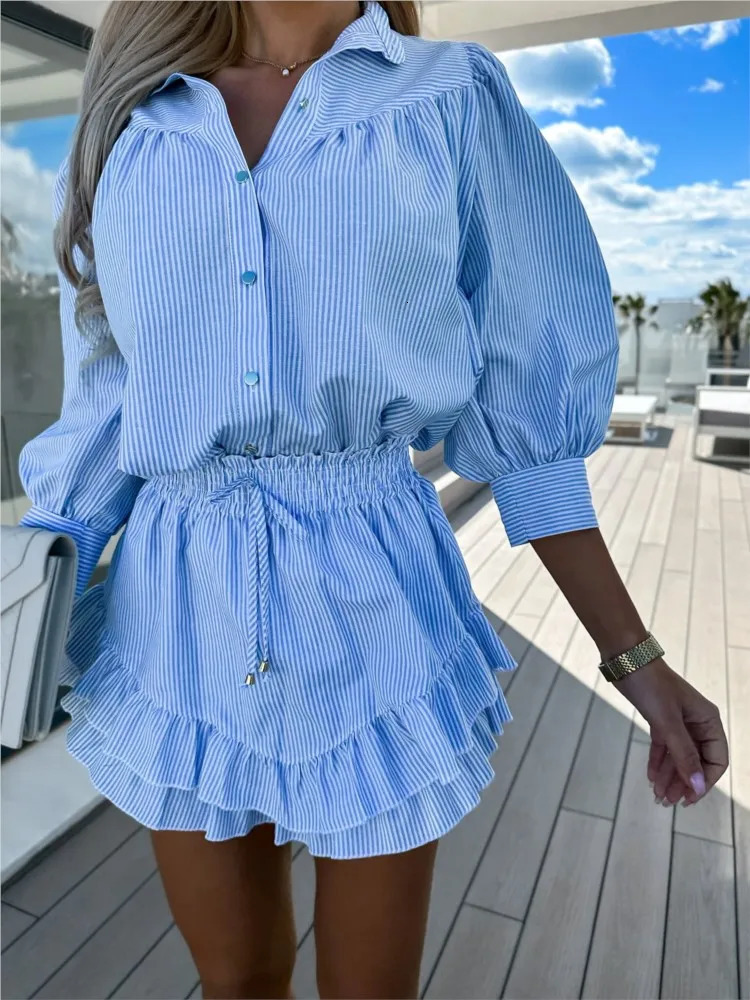 Casual Stripe Printing Shirt And Skirt 2 Piece Set Womens Suit Autumn Long Sleeve Fashion Ruffles Lace Up Skirts Sets For Women 250724