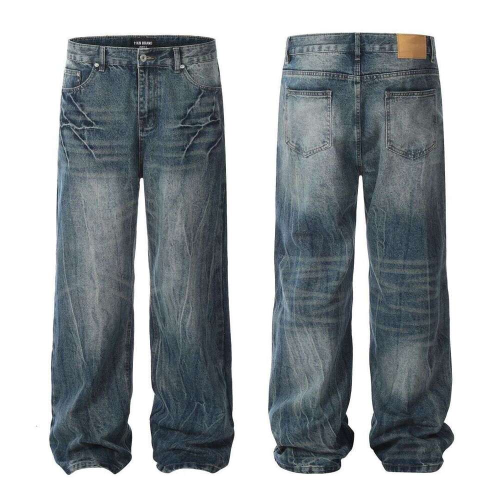 11Kn American Style Lightning Crack Blue Straight Jeans Unisex Washed Design Loose Slimming Casual Long Pants