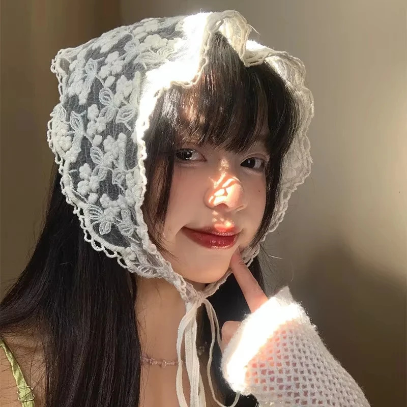 AISHG White Woven Floral Lace Hair Scarf Wraps for Women Retro Triangle Headscarf Hat Girl Headband Hair Accessories 250723