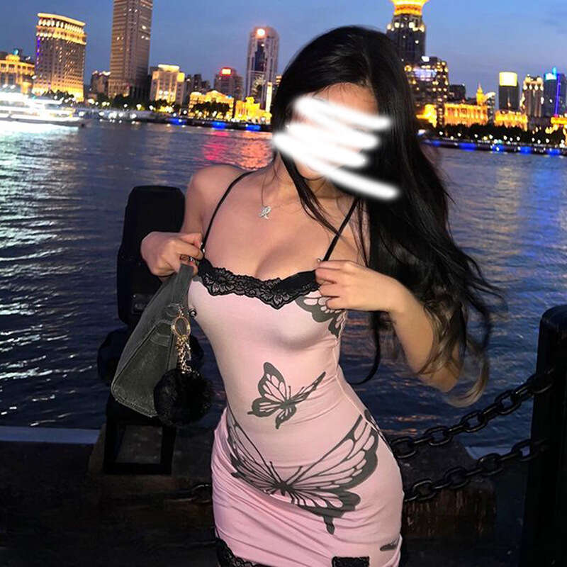 2024 Summer New Fashion Butterfly Print Sexy Strap High Waist Bodycon Dress 707