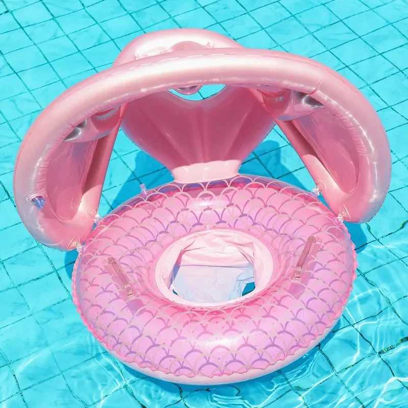 Baby Swimming Circle with Mermaid Tail Outdoor Sunshade with Canopy Inflatable Float Ring Summer Pool Water Toys Equipment M250725