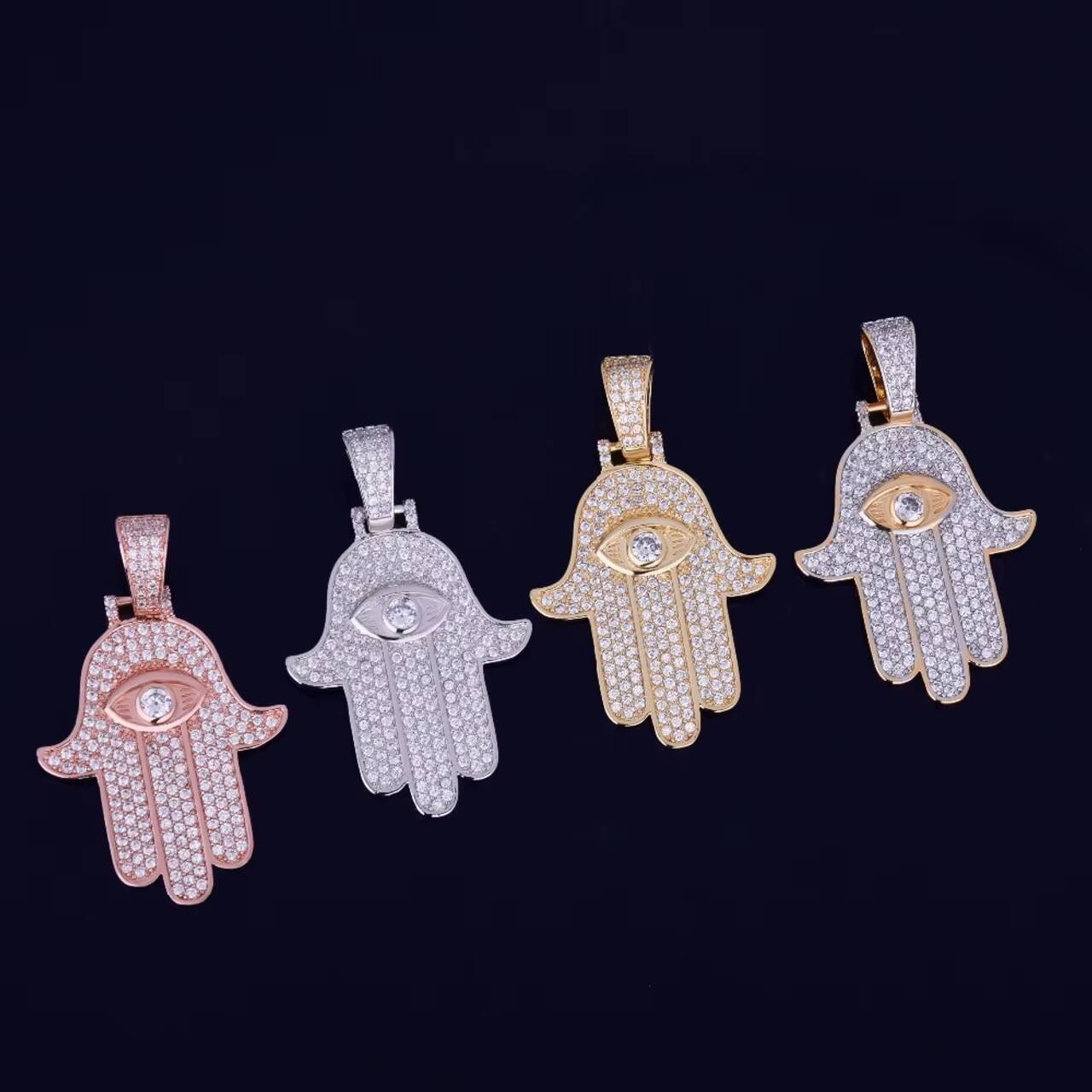 New Design VVS Diamond CZ Fatima Hamsa Hand Pendant Luxury Ice out Good Luck Necklace with Moissanite Hip Hop Pendants Charms