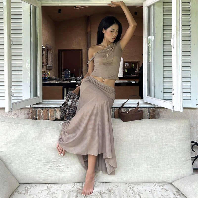 2025 Summer New Sexy Off-Shoulder Crop Top High-Waisted Mesh Patchwork Long Skirt Set for Women 951
