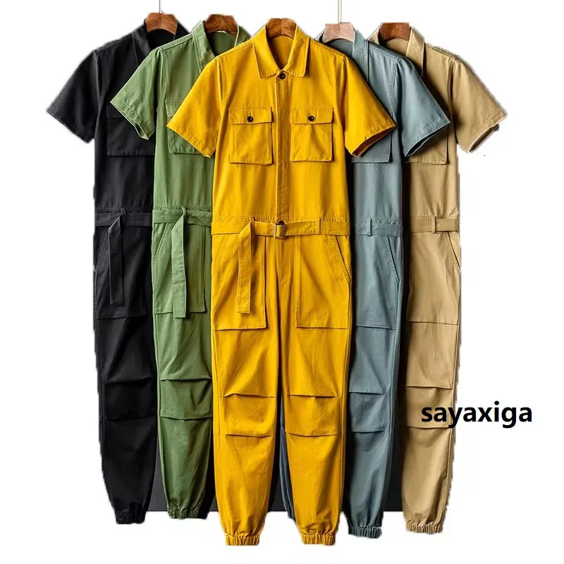 Summer Overalls Men Jumpsuit Cotton Lapel Short Sleeves Hip Hop Street wear Black Yellow Pants Loose Leisure Trousers rompers 250725