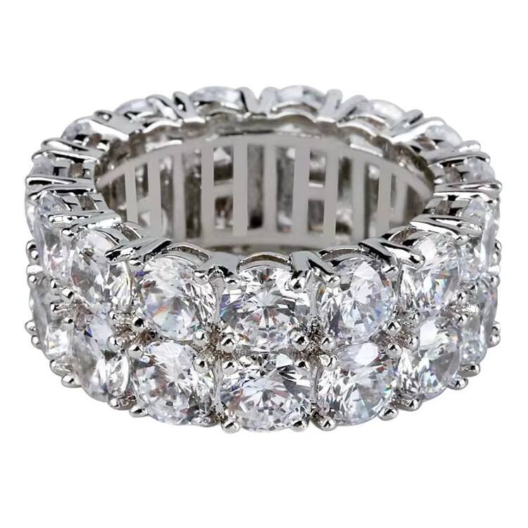 Wholesale 925 Silver Two-Row Moissanite Jewelry Fine Hip Hop Bling Ring for Men and Women Wedding Engagement Gift
