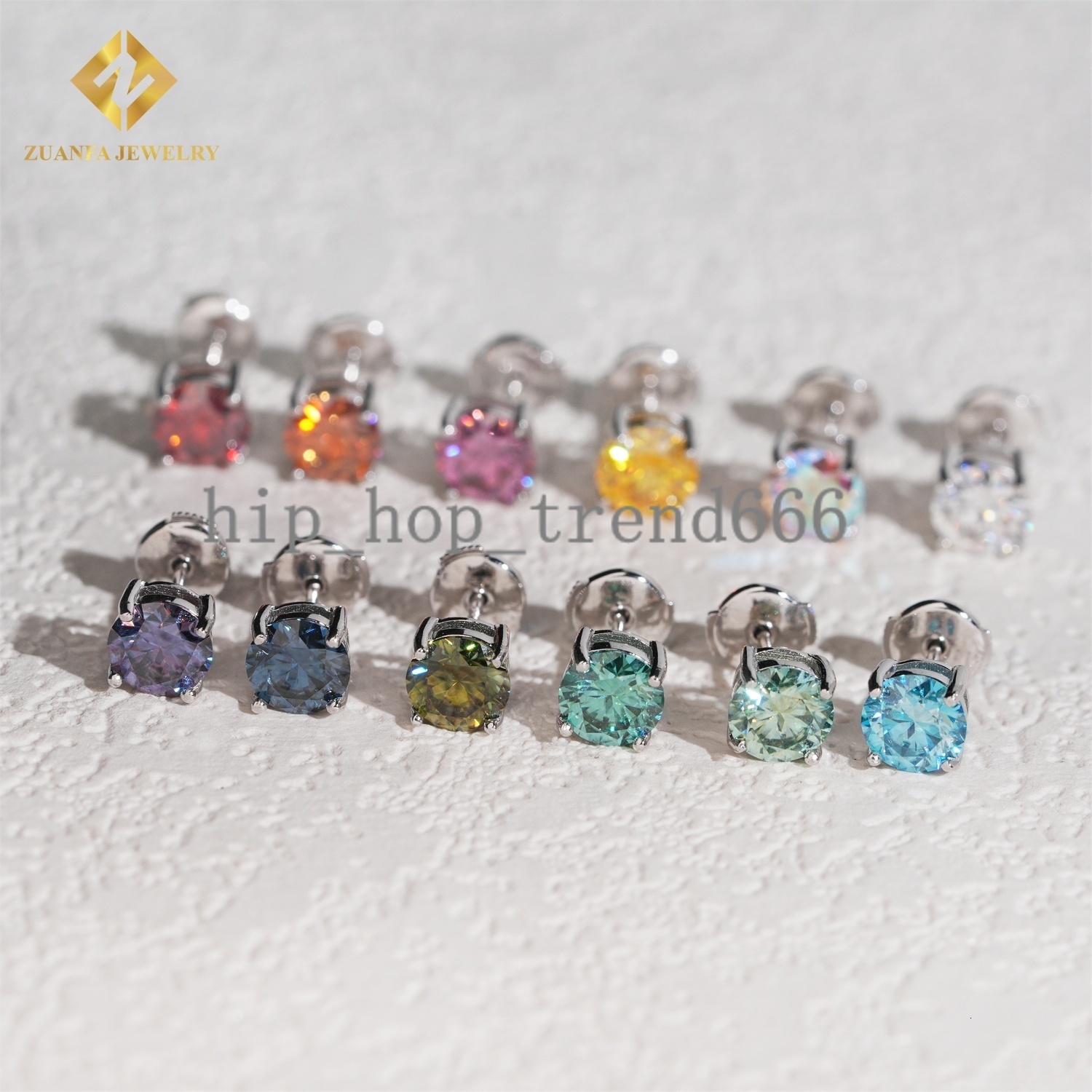 New Stock 12 Color Moissanite Diamond Stud Earring Iced Out 1ct Round Brilliant Cut 925 Silver Hip Hop Earrings