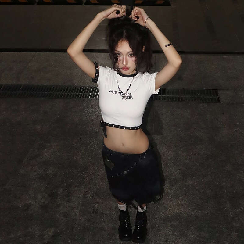 2025 Spring New Women's Solid Color Slim Fit Crop Street Fashion Round Neck Short Sleeve Top f04