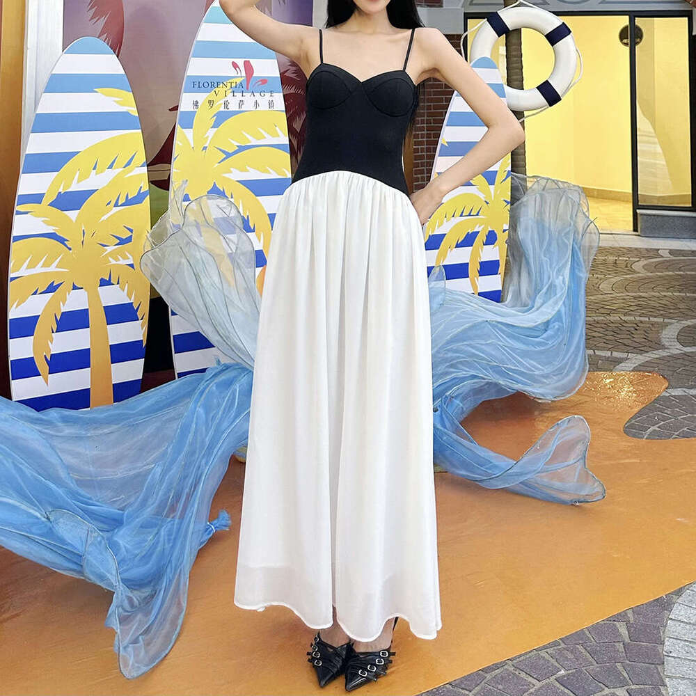 2025 Summer New Color-Block Patchwork Niche High-End Slim Fit Elegant Off-Shoulder Sleeveless Dress a74