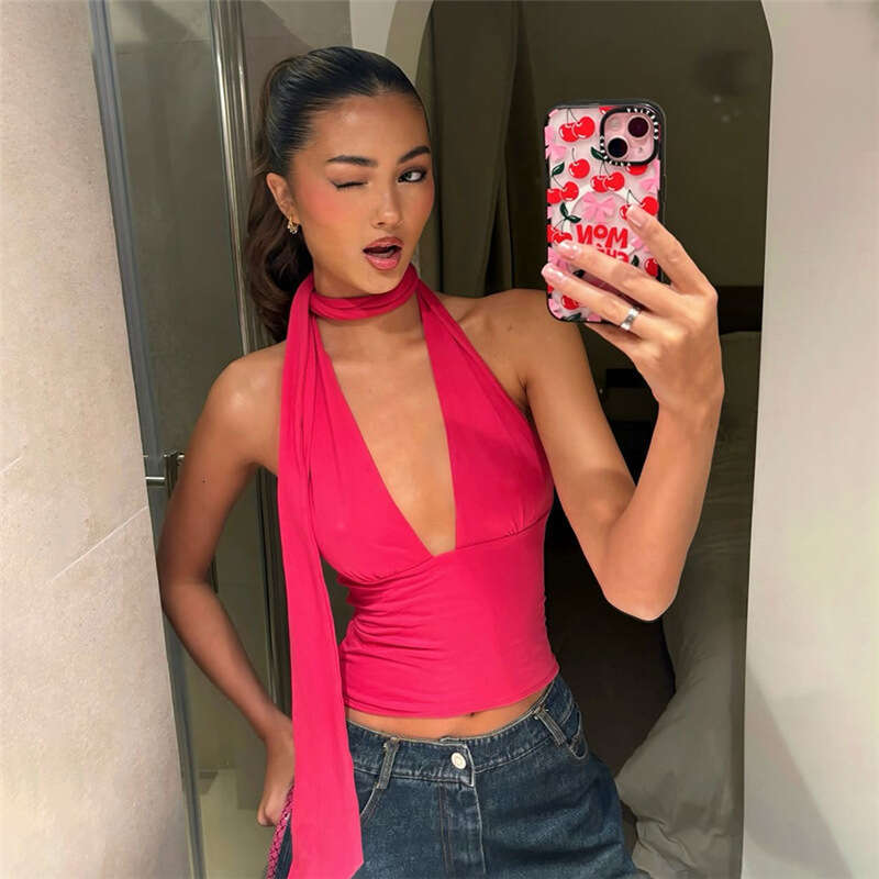 2025 Spring New Women's Solid Color Slim Fit Street Fashion V-neck Halter Backless Tank Top 0ac