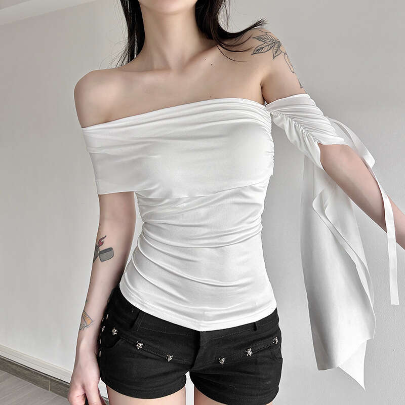 2025 Summer New Slim Fit White Moonlight Tie Versatile Off-Shoulder Tube Top Vest 553