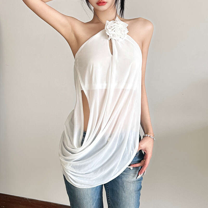 2025 Spring New Women's Fashion Solid Color Loose Street Style Halter Neck Backless Sleeveless Tank Top 681