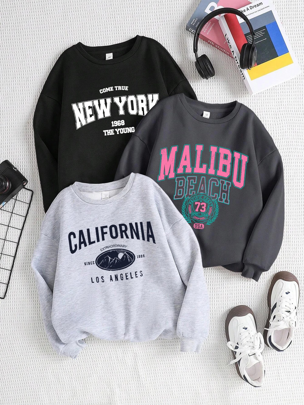 York California Malibu Letter Sweatshirts Winter Women Casual Loose Hoodie Fleece Warm Crewneck Pullover Comfortable Clothes 250725