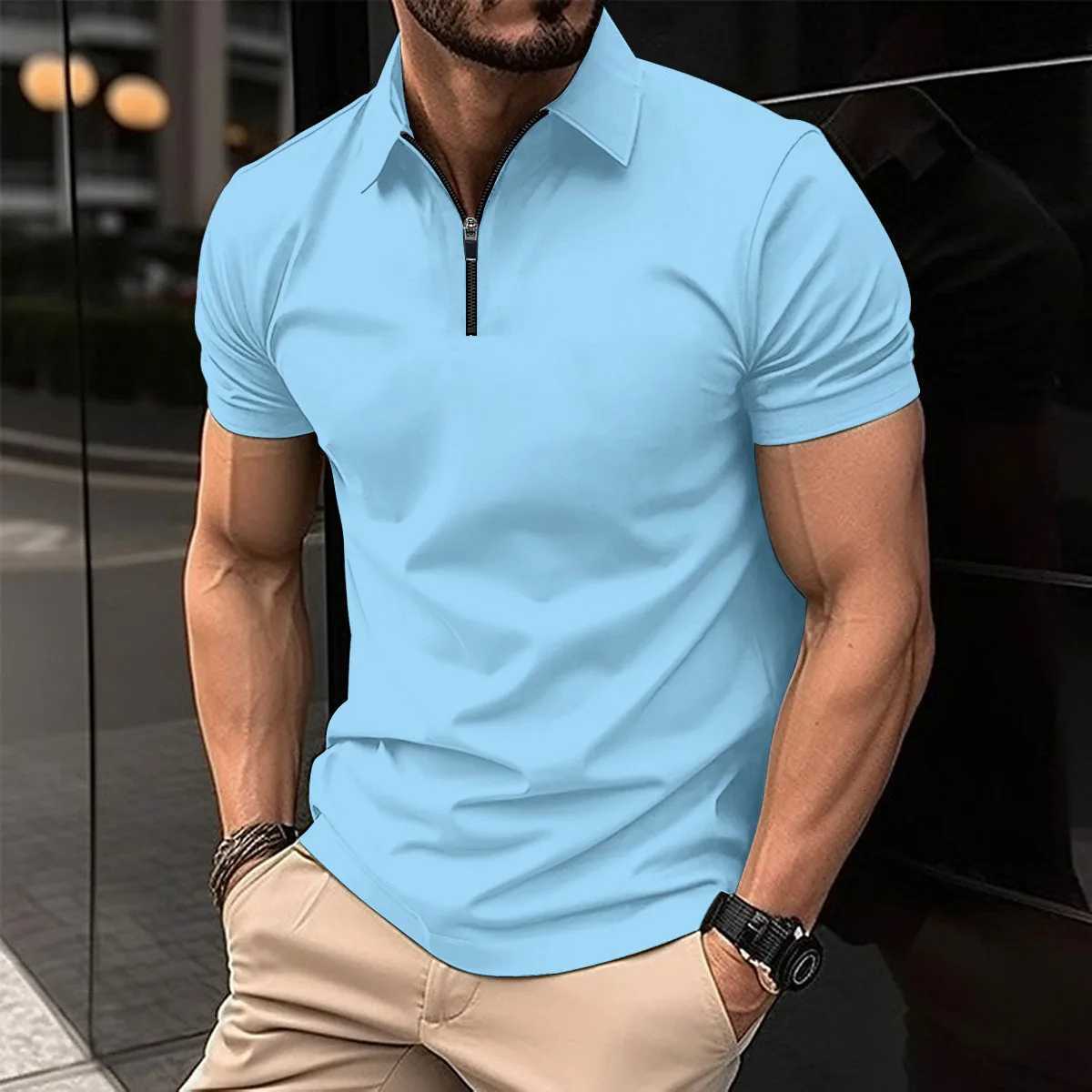 2024 Summer Mens Fashion Casual Lapel Zipper Solid Color Sports Breathable POLO Shirt Polo S XJ250725