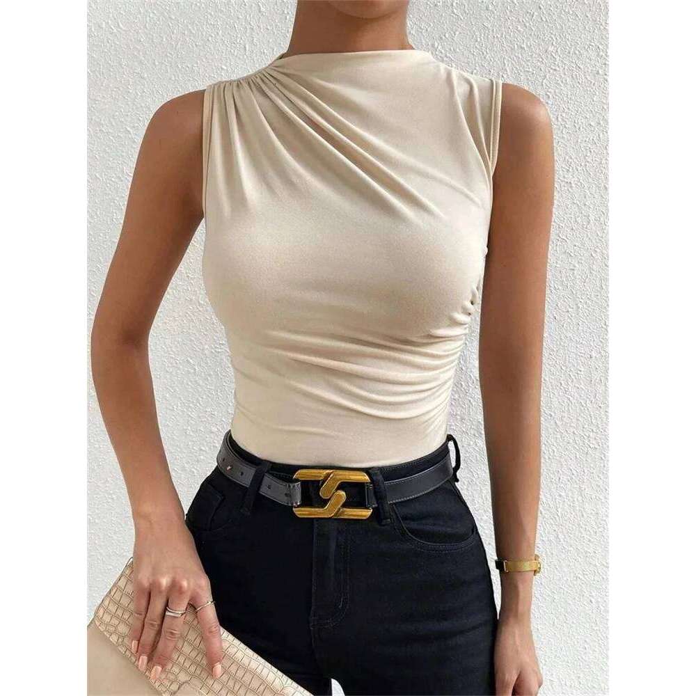 Casual Women's Mock Neck Ruched Tank Top Summer 2025 Solid Color Slim Fit Pleated Sleeveless T Shirt Tee Tshirt Streetwear