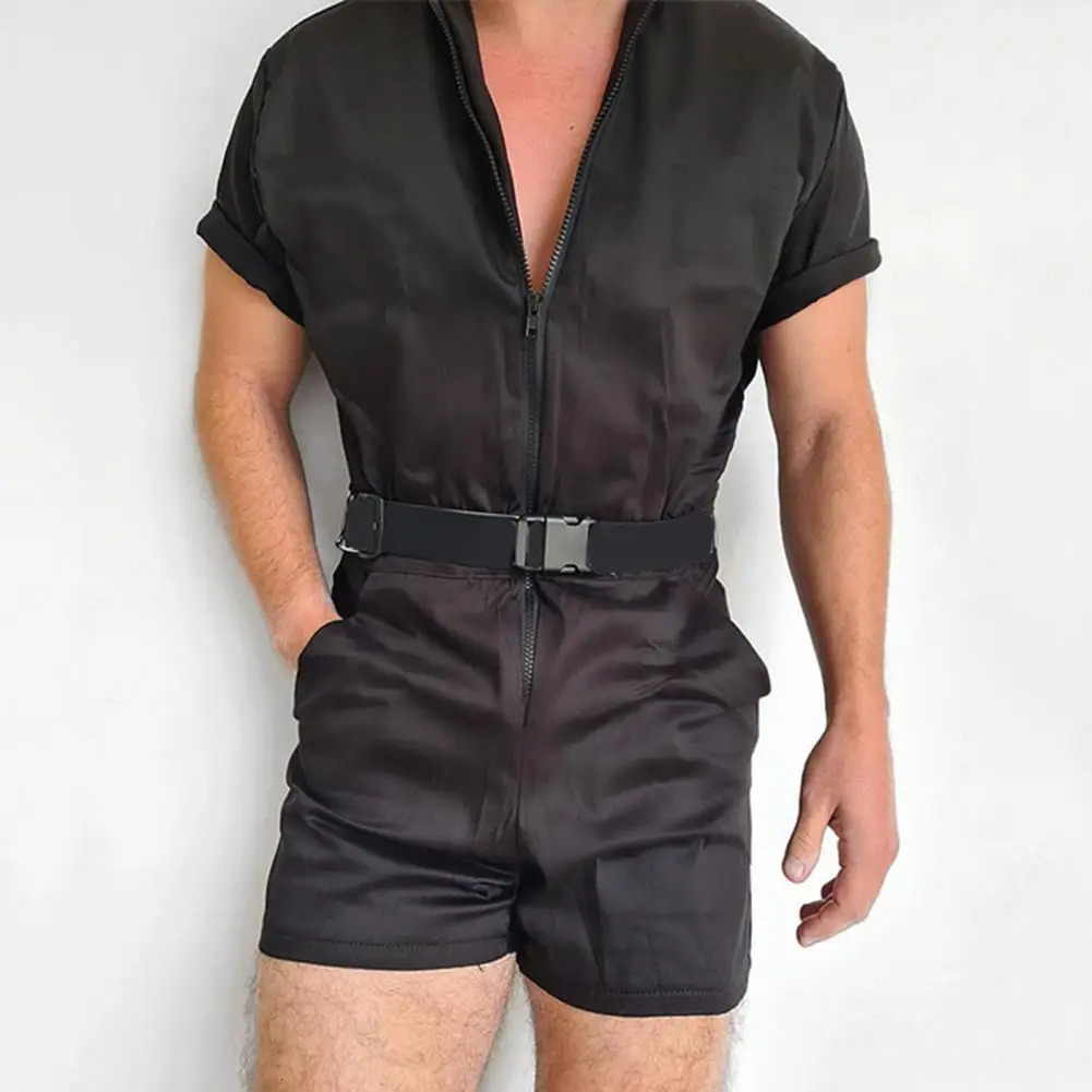 Stylish Men Overall Shorts Zipper Temperament Slim Short Sleeve Romper Male Jumpsuit Streetwear 250725