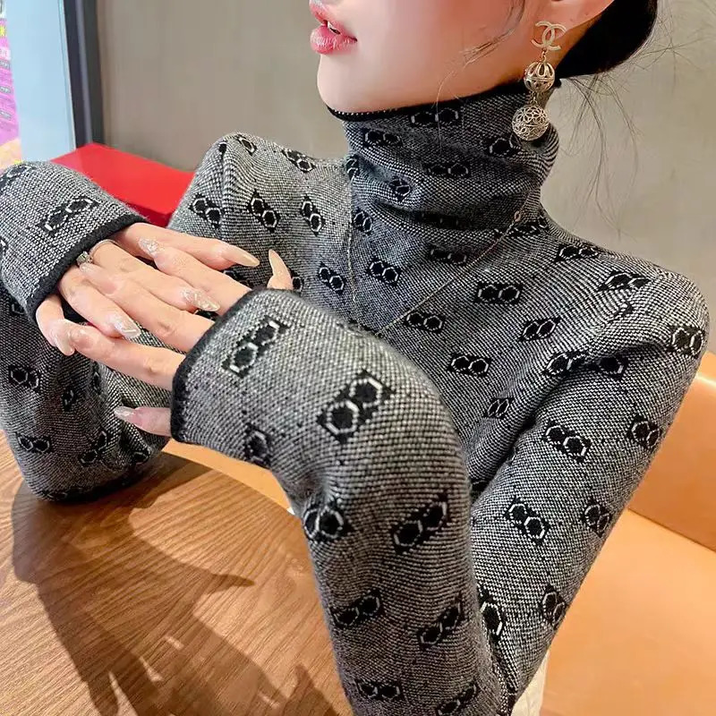 Women Knitwear Fashion Slim Letter Jacquard Pullovers Autumn Winter Soft Elastic Turtleneck Commute Sweaters 250724