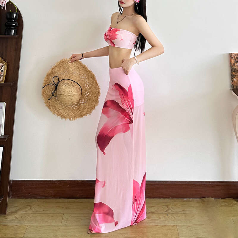 2025 Spring New Women's Solid Color Slim Fit Tube Top Vest Fashion High Waist Skirt Set 28c
