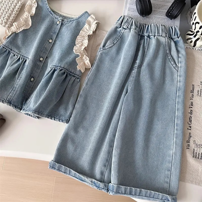 Undershirt Vest Pants Set Spring and Autumn Shirts Fashionable Cowboy Vest Wide Leg Pants 3-Piece Set Trendy 250724