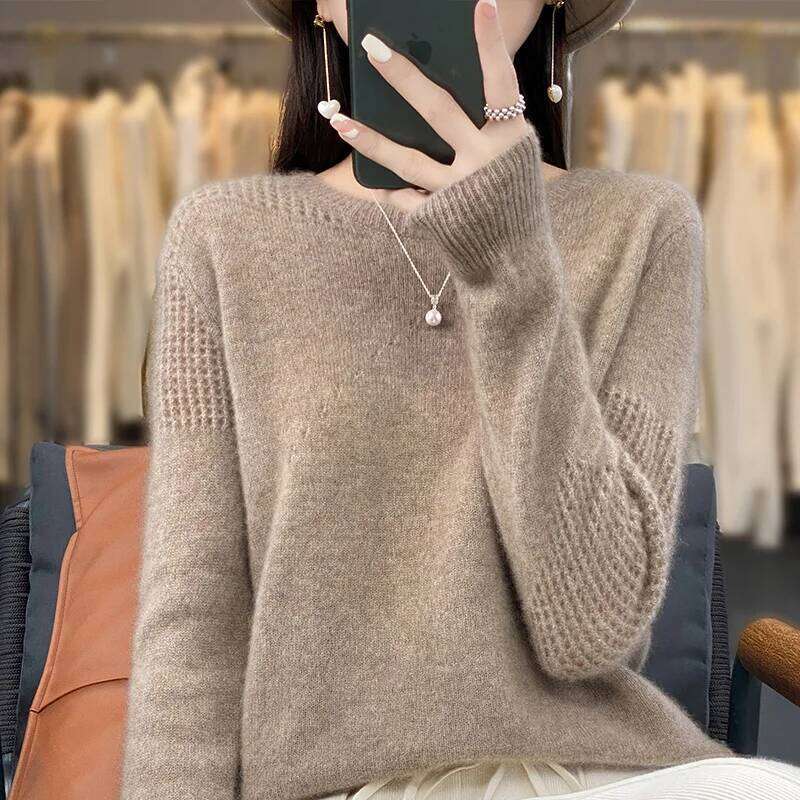 Autumn/Winter New 100% Pure Wool Sweater Casual Solid Color Knit Blouse Round Neck Hollow Tops Loose Fashion Ladies Pullover MDNG