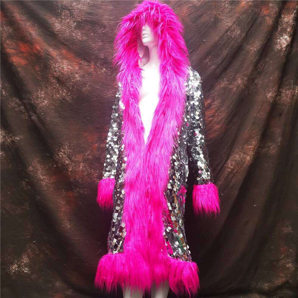 New Fashion Cute Women Colorful Faux Fox Fur Rainbow Sequined Hood Nightclub Long Coat Jacket Stage Party Costumes
